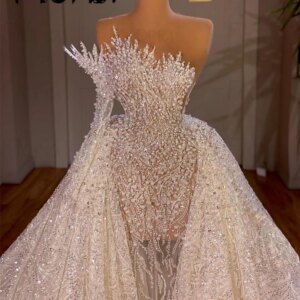 Two Designs White Pearls Wedding Dresses with Detachable Train Luxury 2024 Women Mermaid Off The Shoulder Bridal Gowns