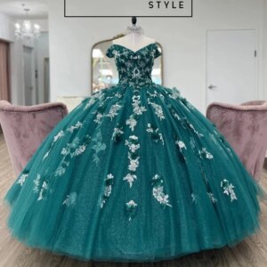 Blackish Green Shiny Princess Ball Gown V-Neck Quinceanera Dress 3DFlower Applique Beads Birthday Party Sweet Vestidos De 15Años