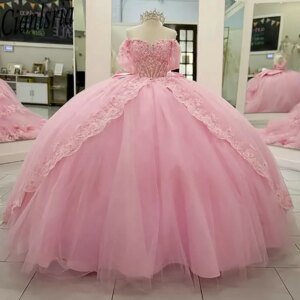 Pink Off The Shoulder Ruffles Quinceanera Dresses Ball Gown Appliques Lace Bow Sweet 15 Años Mexican Customized