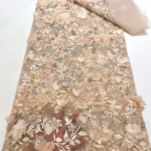 African French 3 D Tulle Lace Wedding Bridal Lace Fabric 5 Yards High Quality Luxury Beaded Lace Fabric for Evening Dress Q376-1
