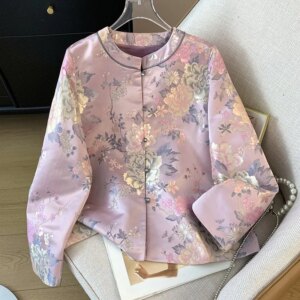 New Chinese style Hanfu tray button jacquard brocade weaving gold heavy embroidery long sleeve cardigan lady coat