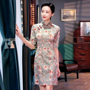 Cheongsam Qipao Women Dress Spring New High Quality Real Silk Half Sleeve Improved Printing