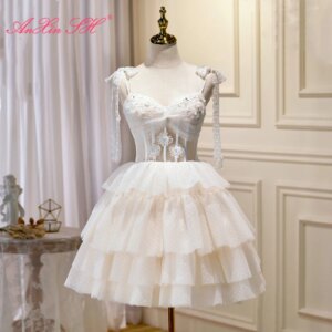 AnXin SH princess white flower lace spaghetti strap bow beading crystal party short customized evening dress little white dress