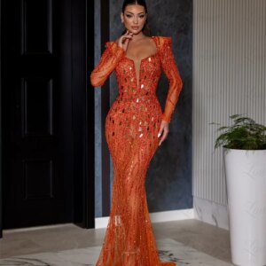 2024 Orange Mermaid Wedding Party Dress Crystals Beaded Long Sleeve Arabic Dubai Women Prom Dresses Customized Evening Gown Robe