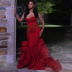 Luxury Beaded Tassels Red Evening Dresses with Ruffled Sweep Train Aso Ebi Wedding Reception Dress
