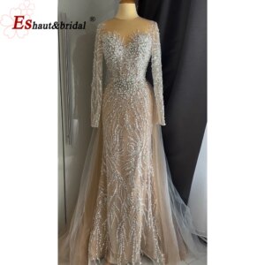 Elegant Evening Dress for Women 2025 Long Sleeves Mermaid Detachable Train Pearls Formal Prom Wedding Party Gown Customized