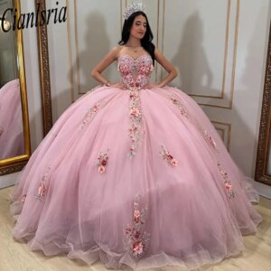 Pink Sweetheart Sleeveless Quinceanera Dresses Ball Gown 3D Flowers Sequined Appliques Lace Sweet 15 Años Mexican Customized