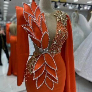 Saudi Arabia Crystals Orange Evening Dress Cape Sleeve 3D Leaf Bride Formal Prom Party Gowns Satin Engagement Dress Customized