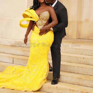 Aso Ebi 2025 Yellow Mermaid Prom Dresses Beaded Sequined Lace Evening Party Formal Second Reception Birthday Enagement Classic