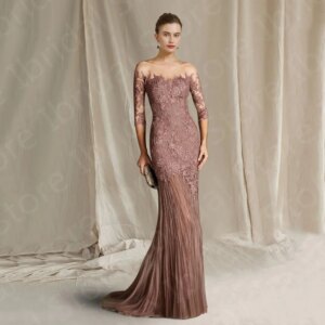 Customized Dusty Rose Lace Mother of the Bride Gown Mermaid Mother Dress Illusion Neckline 3/4 Sleeves Wedding Party Gowns 2024