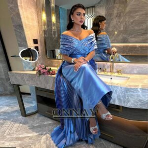 Customized Saudi Arabric Prom Dresses for Women Pearls Formal Off Shoulder Gala Pleat Bespoke Gown Vestidos De Fiesta Plus