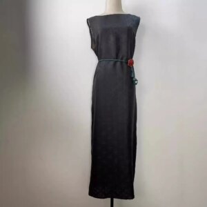 High Quality Rose Pattern off-Neck Sleeveless Loose Dress Women’s Summer 2024 Split Pocket