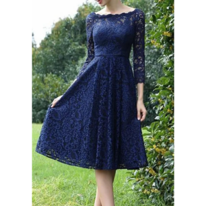 Navy Lace Mother of the Bride Dresses Boat Neck Three Quarter Sleeves Ziper Back Tea Length Wedding Party Dresses