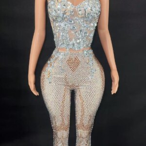 Sparkly Mirror Surface Sequined Ladies Long Sleeve Sexy Deep V-Neck Jumpsuit Evening Party Nightclub Singer Show Stage Costume