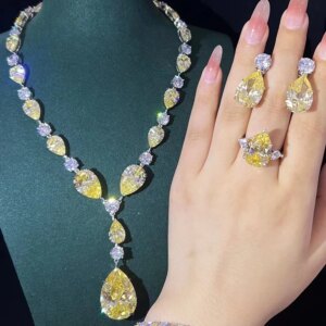 KQDANCE 925 Sterling Silver Pear Cut Yellow High Carbon Diamond Tennis Chain Necklace Tear Drop Earrings Rings Fine Jewelry Set