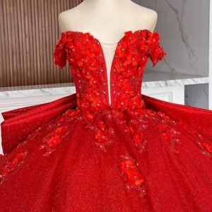 Customized Shiny Red Off Shoulder Quinceanera Dress crystal sequin applique Tull Lace flower Bow vestidos de 15 Quinceanera