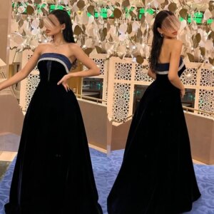 Customized Fashion Modern Style Velour Pleat Sequined A-line Strapless Long Dresses Bespoke Occasion Dresses Exquisite Elegant