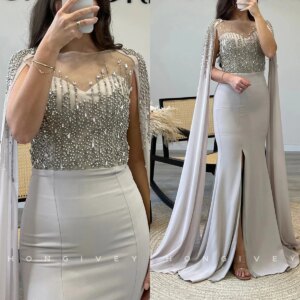 2024 Mermaid Prom Dresses Illusion Cap Sleeves Beaded Long Evening Party Dress Slit African Women Formal Gown vestido de noche