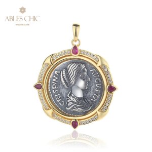 Queen Crispina Greek Silver Coins Replica Charm Simulated Ruby 18K Gold Two Tone Solid 925 Silver Roman Coin Pendant Only N1008