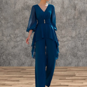 Mother of the Groom Dresses V-Neck Half Sleeves Jumpsuit Ruffles Floor-Length Guest Dresses For Wedding Party Dress