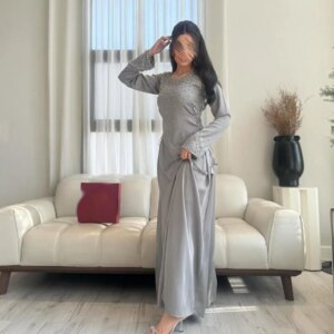 Customized A-Line Prom Dresses Ankle-Length O-Neck Full Sleeve Evening Dresses Fashion Beading Lace-Up Simple Draped Party Dress