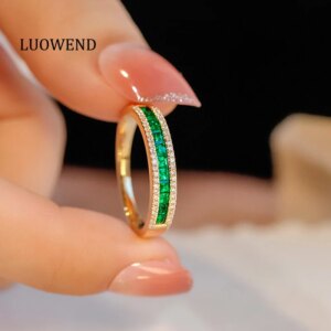 LUOWEND 18K Yellow Gold Rings Classic Design Luxury Diamond Natural Swat Emerald Engagement Ring for Women High Wedding Jewelry