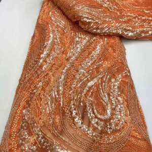Orange African Mesh Groom Lace Fabric 2025 High Quality French Sequins Lace Fabric Nigerian Lace Fabric For Wedding Women Dress