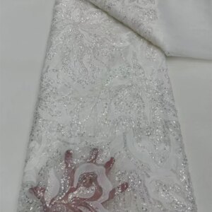 African Beaded Lace Tulle Fabric, Heavy Handmade,White, Sequin Fabric, Nigerian Wedding, Prom Dress Sewing ,High Quality W586-1