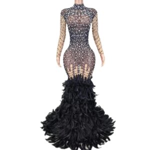 Women Elegant Prom Dresses 2024 Balck Feather Mermaid Style Evening Party Dresses Sexy Illusion Black Girl Prom Formal Gowns
