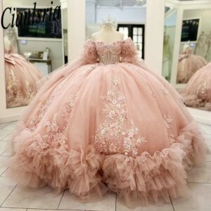 Pink Detachable Sleeve Bow Quinceanera Dresses Ball Gown Appliques Lace Pleat Sweet 15 Años Mexican Customized
