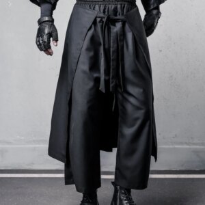 Yamamoto Style Samurai Dark Wide-Leg Pants Men’s Fashionable  Loose Drooping Fake Two-Piece Ribbon Design Culottes Cropped