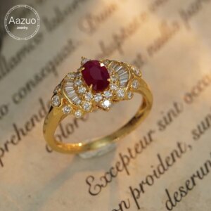 Aazuo Genuine 18K Yellow Gold Rings For Women Sparkling Oval Ruby Diamonds Rings Simple Style Delicate Trendy Fine Gifts Jewelry