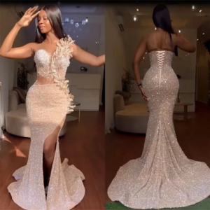 Magnificent Sequined Prom Dresses Sexy One Shoulder Mermaid Split Side Unique Lace Up Back Design Girls Wear 2025
