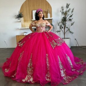 Red Beading Tassel Ball Gown Quinceanera Dresses Off The Shoulder Gold Appliques Lace Tull Vestidos De 15 Años Sweet 16 Dress
