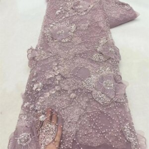 African 2024 Heavy Handmade Beaded Lace Tulle Fabric Swiss Luxury High Quality Sequin Fabric Nigeria For Wedding Prom Dress Sew