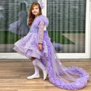 Jill Wish Sequins Pink Girl Dress Knee Length with Court Train Long Sleeve Princess Baby Wedding Birthday Party Gowns J282