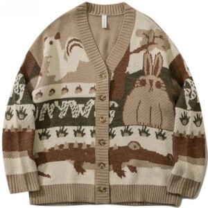 Vintage Cardigan Oversized Sweater Men Pullover Hip Hop Streetwear Loose Knitwear Harajuku Cartoon Knitted Sweater Male