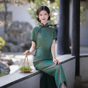 High Quality Real Silk Cheongsam Qipao Female 2024 New Summer Zipper Retro Chinese Style Dress Girl