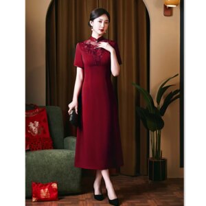 Imitation Acetic Acid Embroidered Long Cheongsam Qi Pao Large Swing Skirt Spring and Summer Red New Style Wedding Toast Clothing