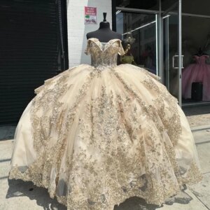 Light Champagne Princess Ball Gown Quinceanera Dress Applique Lace Beads Tull Sweet 16 Dress vestidos Birthday Party Gown