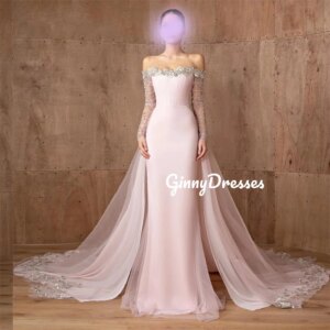 Customized Dresses For Prom A-Line Off-The-Shoulder Neckline Floor-Length Beadings Luxury Evening Dresses Long Sleeves Elegant