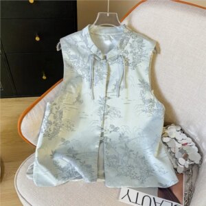 New Chinese style jacquard clip women fringe plate national sleeveless standing collar waistcoat outside