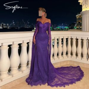 Vintage Purple Long Lace Prom Dresses Flare Long Sleeves Dubai Saudi Customized Evening Gowns Formal Party Dress Robe De Soir