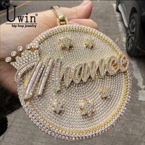 Uwin One-piece Custom Big Round Personalized Design Name Necklace Cursive Letter With Tennis Chain Cubic Zirconia Jewelry