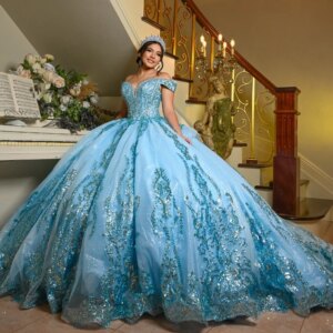 Blue Shiny Quinceanera Dresses Ball Gown Off The Shoulder Sequin Applique Lace Beads Tull Party Birthday Sweet 16 Vestidos 15