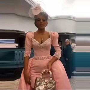 Pink Half Sleeves Evening Dresses With Major Pearls High Low Mermaid Prom Dress Ireland Women Formal Birthday Party Gowns
