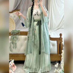New Chinese Style Adult Women’s Han Clothing Song Long Gan Temple Half Sleeve Waist Pleated Skirt Daily Spring Cardigan