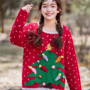 102cm bust Fall Winter Christmas Sweaters Women Nordic Vintage Pure Handmade Knitted Thick Warm 100%Wool Pullover Red Sweater