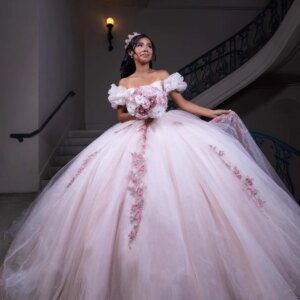 EVLAST Customized Mexican Pink Quinceanera Dress Ball Gown Floral Applique Beading Corset Sweet 16 Vestidos De 15 Anos E3Q153
