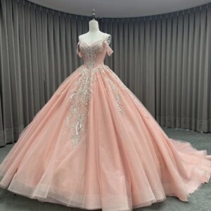 Customized Shiny Pink Off Shoulder Quinceanera Dress Lace sequin applique crystal Long tail vestidos de 15 Quinceanera